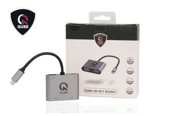 QUBE AD HDMI 1.4 (4k, 30HZ), VGA 1080P, USB 3.0 and C PD -grey aluminium case - Image 2