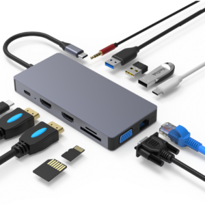QUBE AD S23029 12 in 1, C to HDMI, VGA, USB 3.0, SD/TF, 3.5mm audio, RJ45, PD, DP