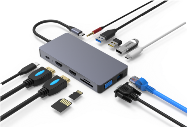 QUBE AD S23029 12 in 1, C to HDMI, VGA, USB 3.0, SD/TF, 3.5mm audio, RJ45, PD, DP